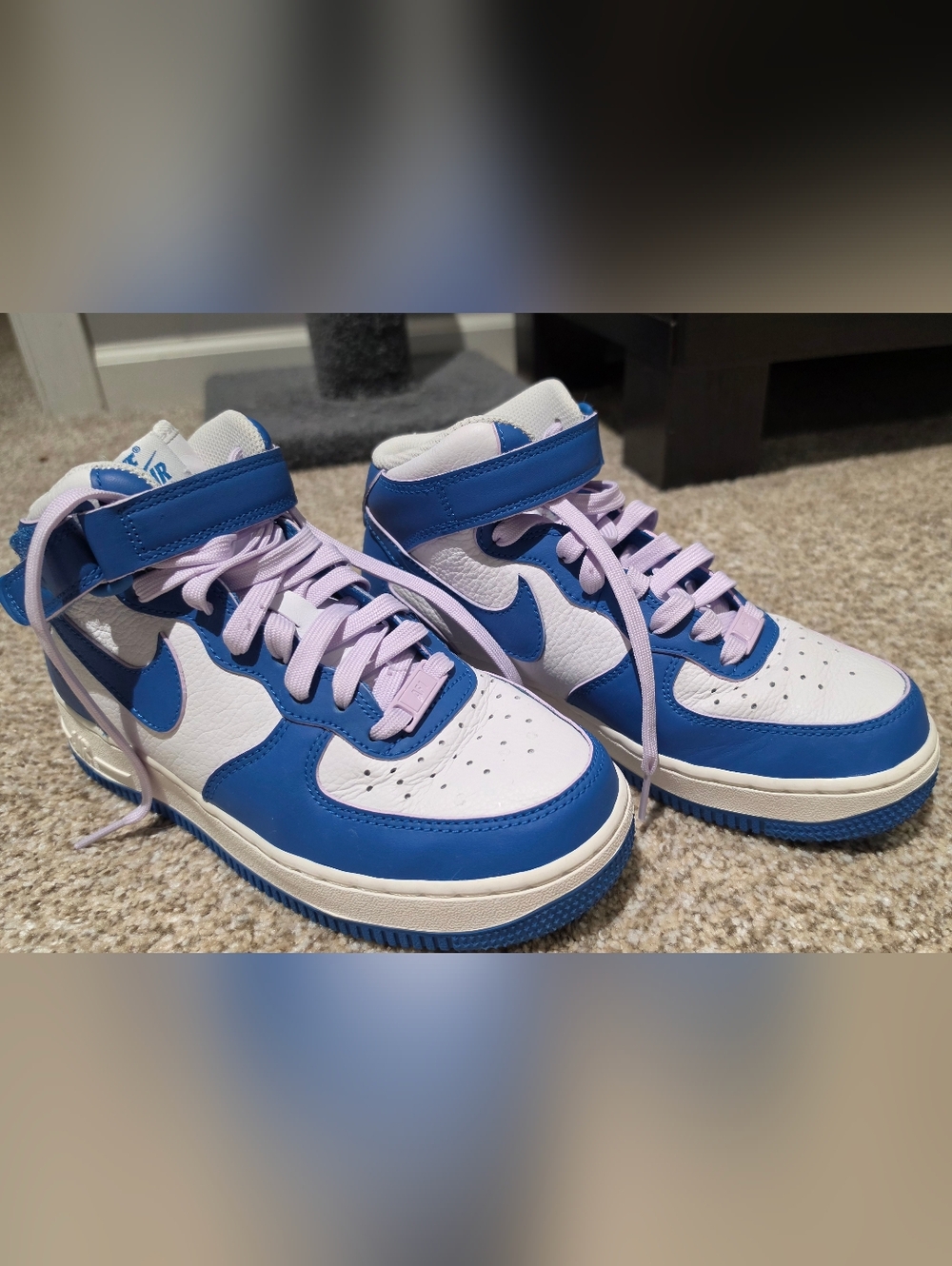 Nike Womens Blue and White High-Top Air Force 1 with Lilac Laces